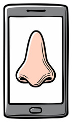 Cartoon Illustration of a Nose Inside of a Smartphone Screen, Technology Concept