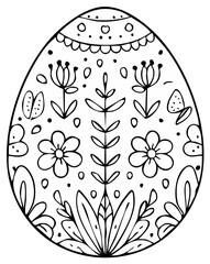 Hand-drawn Easter egg outline with folk floral ornament. Black and white decorative spring holiday design for coloring.