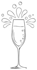 Line art champagne flute with splashing bubbles and liquid