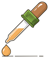 Glass dropper dispensing a single drop of golden oil or serum vector illustration