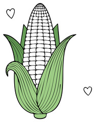 Stylized illustration of a ripe corn cob with green husks and a heart symbol