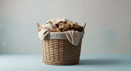 Woven laundry basket filled with clothes on light blue surface