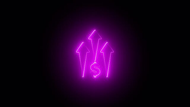 Bright neon business money investment money currency profit up arrow animation with bar, dollar sign and percentage icon on black background
