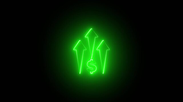 Bright neon business money investment money currency profit up arrow animation with bar, dollar sign and percentage icon on black background