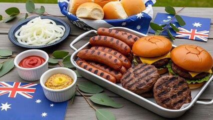 A delicious australian barbecue spread featuring grilled sausages, cheeseburgers, and classic condiments. Australia day bbq for national celebration, holiday food marketing, outdoor lifestyle content