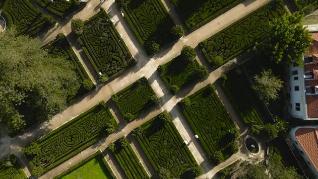 Top down aerial view of ornate baroque gardens with geometric hedges, fountains and pathways as tourists walk below on a sunny day.