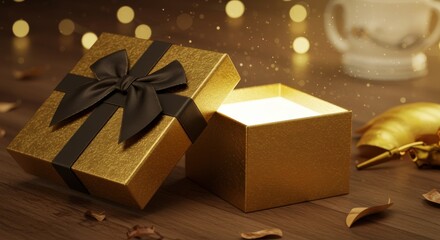 Luxurious golden gift box opens with bright light and sparkling particles, festive atmosphere