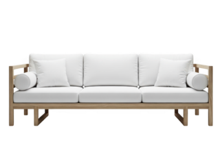 Modern outdoor sofa with white cushions isolated on transparent background
