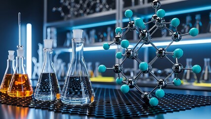 A futuristic laboratory setup featuring molecular structures and various liquid solutions