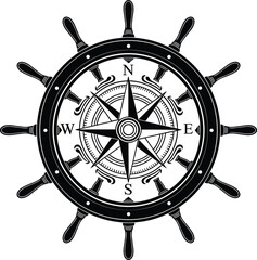Vintage nautical compass rose illustration, ship steering wheel navigation symbol, black and white maritime vector isolated on white background © Santo's World