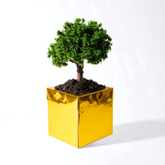 Sustainable Growth Concept: Green Tree Growing in a Gold Metallic Cube