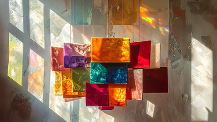 Resin pendant light installation. Sunlight reflections. Rainbow refractions. Wall texture. Sculpture. Interior design. Architecture. Gallery art. Glass panels. Light display. Prism. Sun. Spectrum.