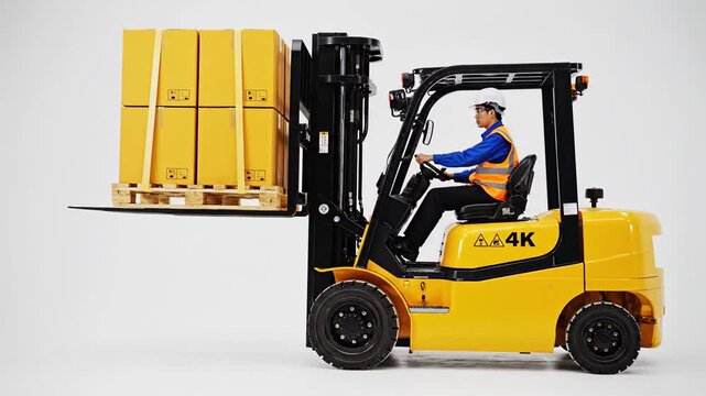 Worker operating forklift truck transporting cardboard boxes in warehouse