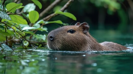 A capybara swims peacefully in calm waters surrounded by lush greenery, showcasing its natural habitat in a serene setting.