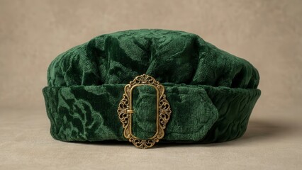 Elegant emerald green velvet leprechaun hat with ornate gold buckle on neutral beige background. St. Patrick's Day festive accessory concept