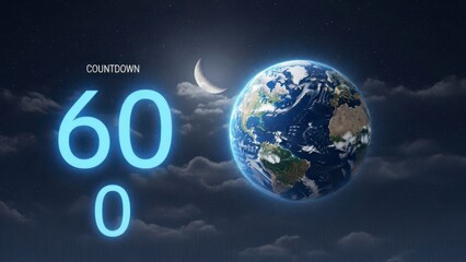 Glowing "60" number with Earth globe and crescent moon on cosmic dark background. Concept of global milestone anniversary