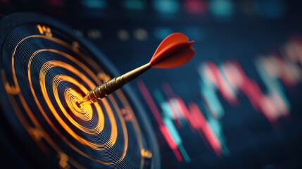 A dart hits the bullseye on a dartboard, with a blurred background displaying fluctuating financial charts and data.
