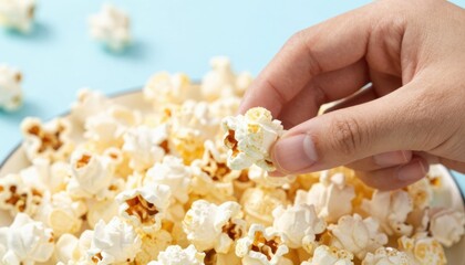 Hand grabbing fresh popcorn in a bowl kitchen setting food photography bright and colorful environment close-up view for culinary enthusiasts