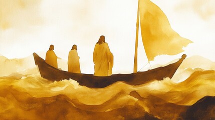A painting of a boat with three people on it, one of whom is holding a sail. The painting has a religious theme and the people on the boat are likely Jesus and his disciples
