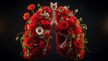 Floral lungs decoration created with red flowers displayed against a dark background during an art exhibition in a modern gallery setting