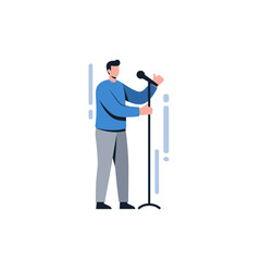 Male cartoon character singing at microphone in blue shirt