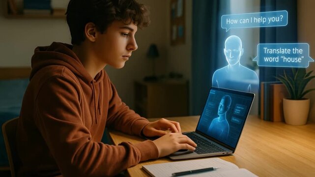 Teen student learning with AI hologram teacher through augmented reality education technology