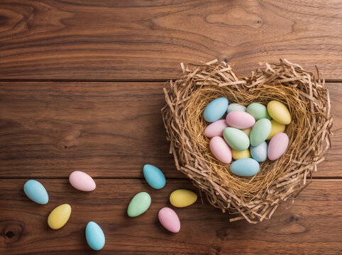 Above-point view of a heart-shaped nest filled with sweet pastel almonds on a rustic wooden surface.