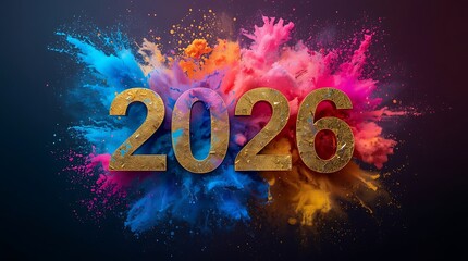 2026 Celebration Concept &ndash; Gold Textured Numbers with Colorful Powder Explosion on Dark Background
