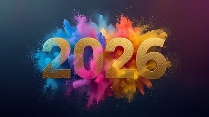 2026 Celebration Concept &ndash; Gold Textured Numbers with Colorful Powder Explosion on Dark Background