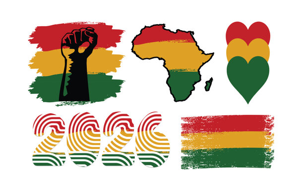 Pan-African Colors Vector Set for Black History Month and Juneteenth &ndash; Africa Map, Raised Fist, Heart Icons, 2026 Typography and Grunge Brush Strokes