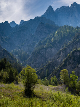 Sharp alpine rock walls in Gesaeuse National Park Austria summer daylight
