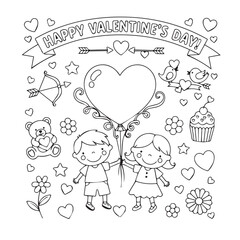 Happy Valentine's Day illustration with kids and heart balloon