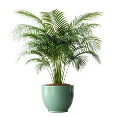 Fototapeta premium Lush green indoor palm plant in a modern ceramic pot. foliage and a clean aesthetic. perfect for enhancing home decor or office ambiance. set against a minimalistic white backdrop