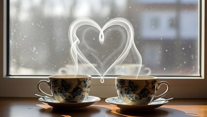 Two Steaming Coffee Cups By Window With Heart Shaped Steam Love Concept.