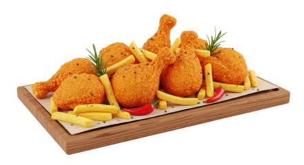 3d fried chicken and fries platter transparent background cutout png