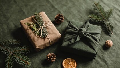 Eco-friendly Christmas gifts wrapped in natural materials with pine branches and pinecones
