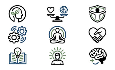 Conceptual icons illustrating wellbeing health and positive mindset