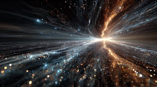 宇宙空間を流れる青と金の光の粒子とエネルギーのストリーム