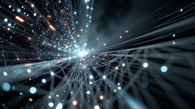 暗い背景で複雑に交差する青と白のデジタル光ファイバーとネットワーク接続