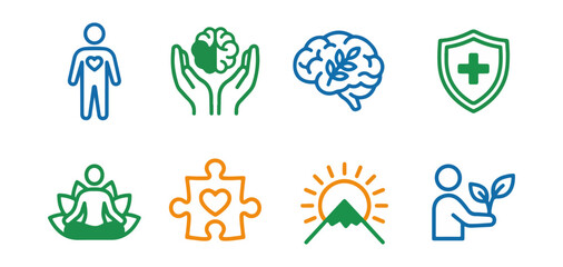 Health and wellness icons set symbolizing wellbeing mental clarity and nature connection