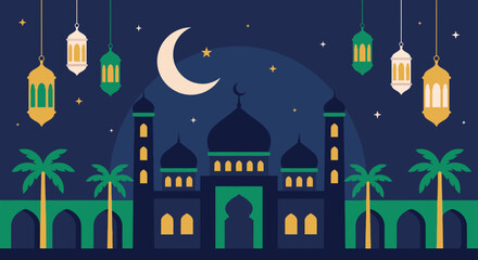 Ramadan Kareem and Eid Mubarak celebration greeting card with beautiful mosque silhouette crescent moon and hanging lanterns in night sky for islamic holy month.