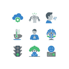 Icon set cloud computing robotics communication temperature meditation justice traffic light tree smiling face