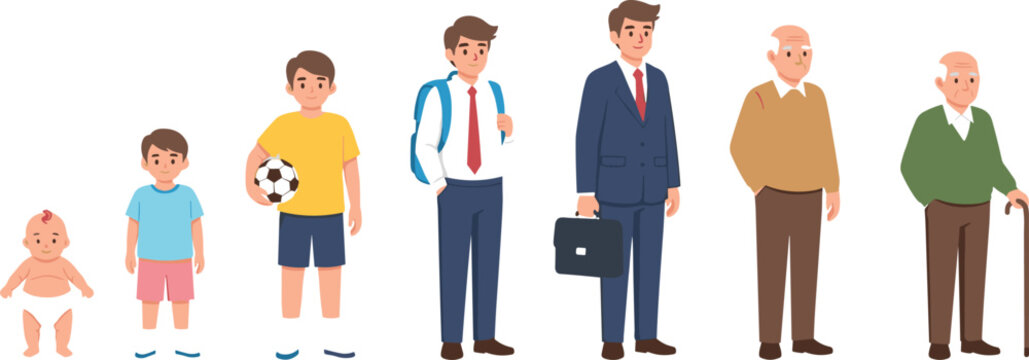 Set of male characters showing human life cycle stages from baby and child to adult businessman and elderly senior man