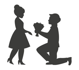 Man proposing with flowers to woman silhouette