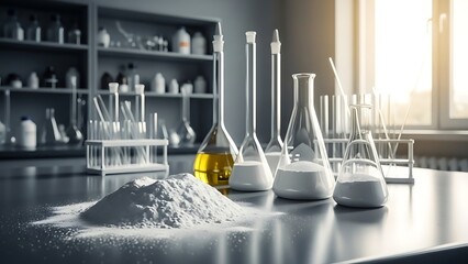 A laboratory still life featuring glassware liquids and a pile of white powder
