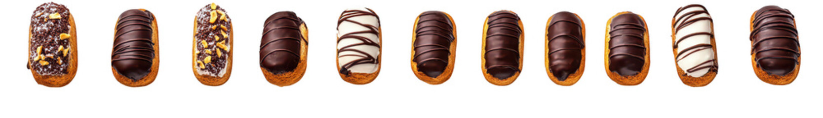 Obraz premium A delectable assortment of chocolate-covered donuts lined up neatly on a white background. various toppings and patterns. perfect for a dessert advertisement or bakery promotion