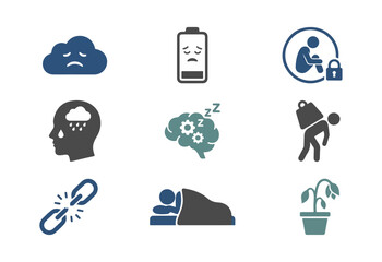 Mental health icons set depression exhaustion and well being symbols