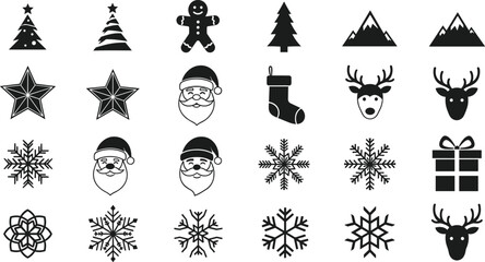 Christmas holiday silhouette icons set, Santa gingerbread snowflakes reindeer trees gifts stars mountains black white vector collection © Santo's World