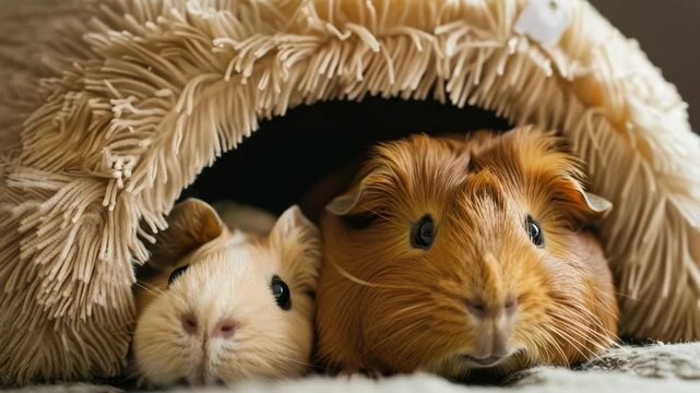 Two guinea pigs in fluffy beige cave on soft fabric