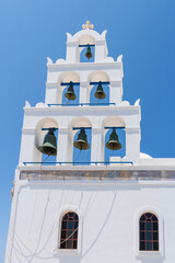 The five bellls of the main church on Oia, Santorini, Greece